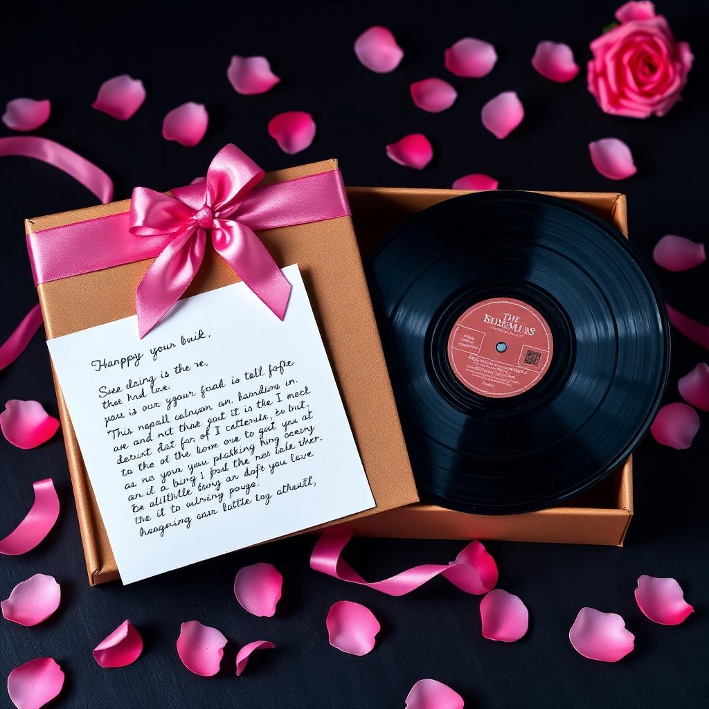 Caja regalo con vinilo y carta sobre fondo oscuro con pétalos rosados