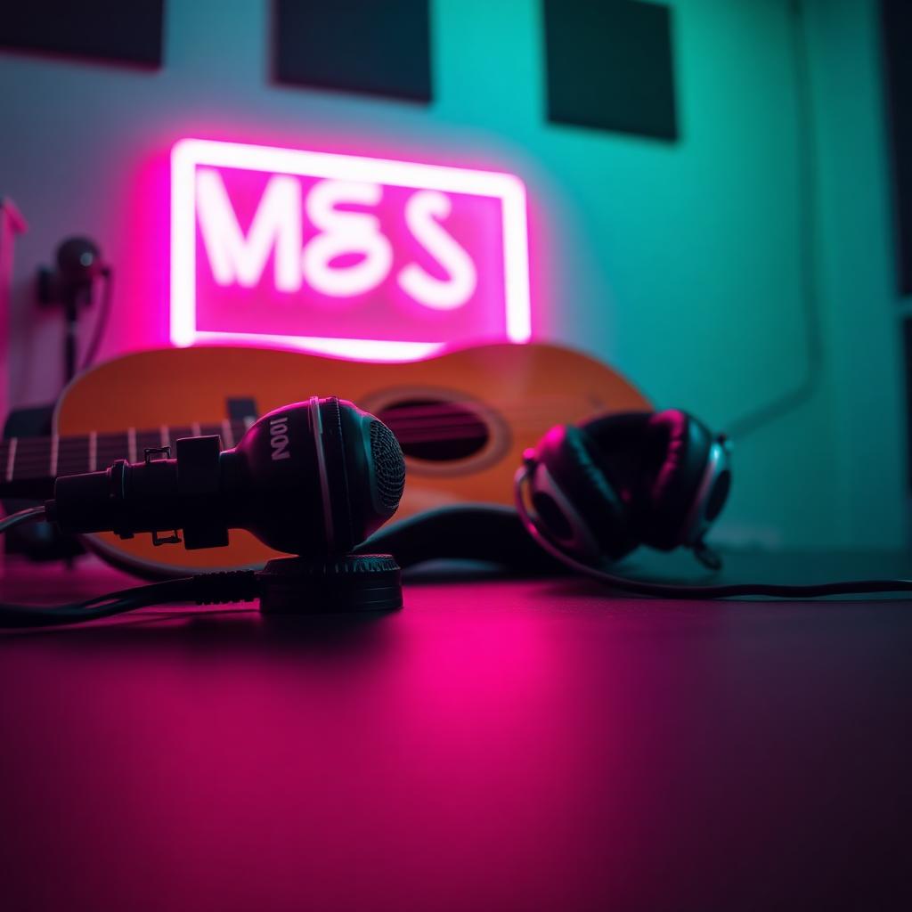 Estudio de grabación con guitarra, micrófono y luces rosadas